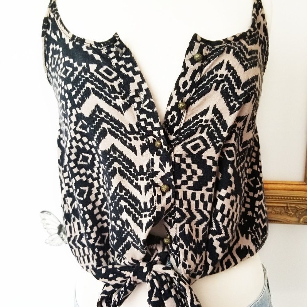 Kira brass button tie front boho tank top